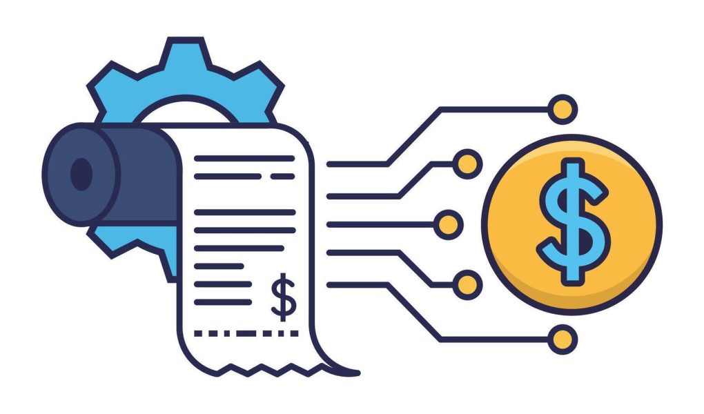 automated-billing-system-icon-with-receipt-and-gear-for-financial-technology-solutions-vector